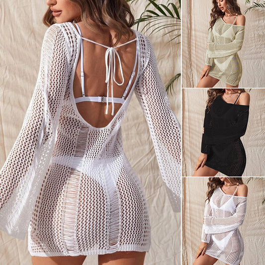 Knitted Hollow Backless Sexy Long Sleeve Narrow Bikini Swimsuit Blouse Women